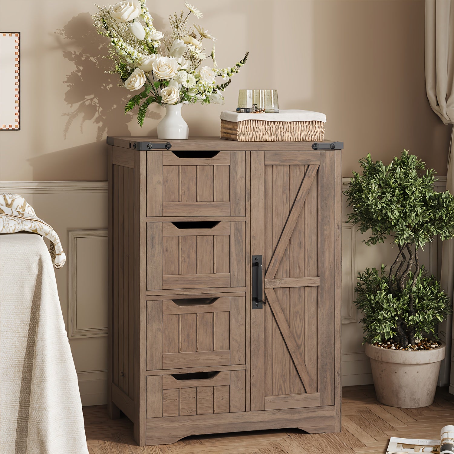 White Freestanding Storage Unit for The Bathroom, Featuring 4 Drawers And a Door, Designed in a Rustic Style with an Adjustable Shelf. Ideal for Use in The Bathroom, Entryway, Or Living Room, This Slim Cabinet Makes a Practical Housewarming Present