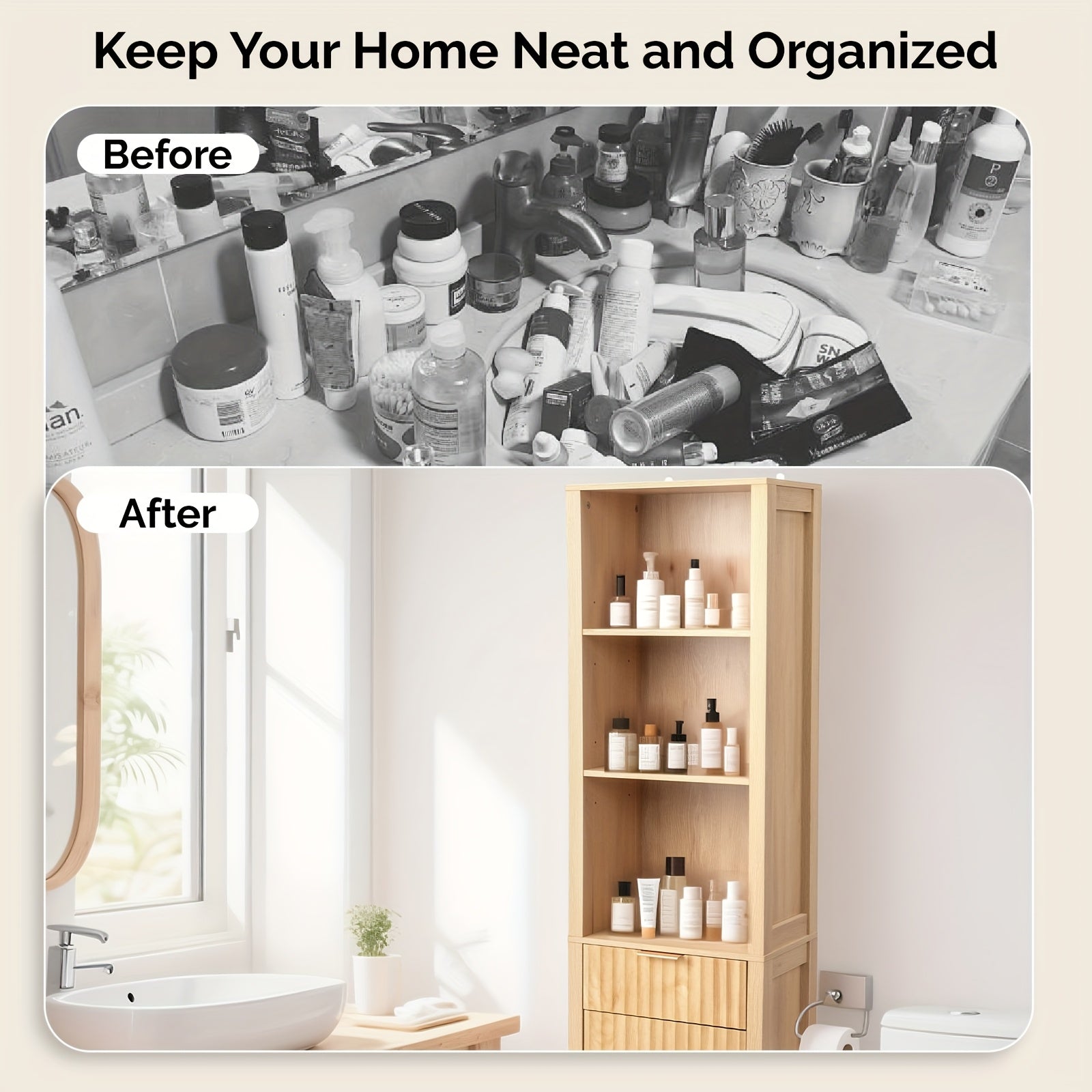 Bonnlo Bathroom Freestanding Cabinet with Fluted Door, Modern Bathroom Floor Storage Organizer for Small Space with Adjustable Shelf And Drawer