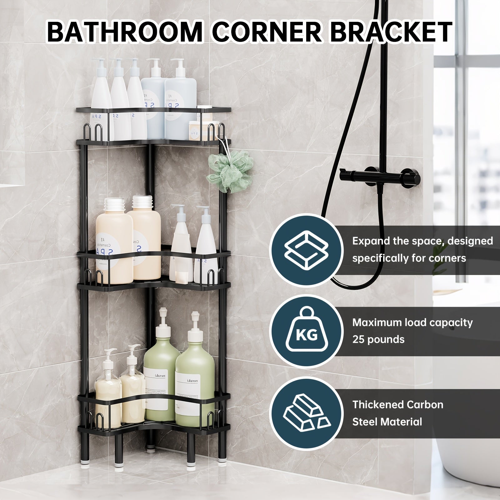 3-Tier Metal Bathroom Corner Shelf, Space-Saving Shower Caddy Organizer for Shampoo Bottles, Body Wash, Conditioner, Soap And Toiletries, Freestanding Storage Rack for Shower, Bathtub, Vanity And Laundry Room, Black