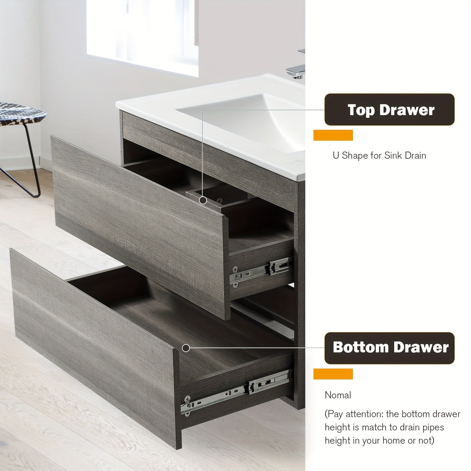 Bathroom Vanity Wall Mounted Floating Vanity Two Drawers Storage Cabinet With Ceramic Integrated Sink