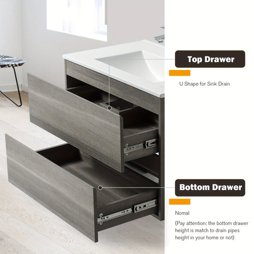 Bathroom Vanity Wall Mounted Floating Vanity Two Drawers Storage Cabinet With Ceramic Integrated Sink