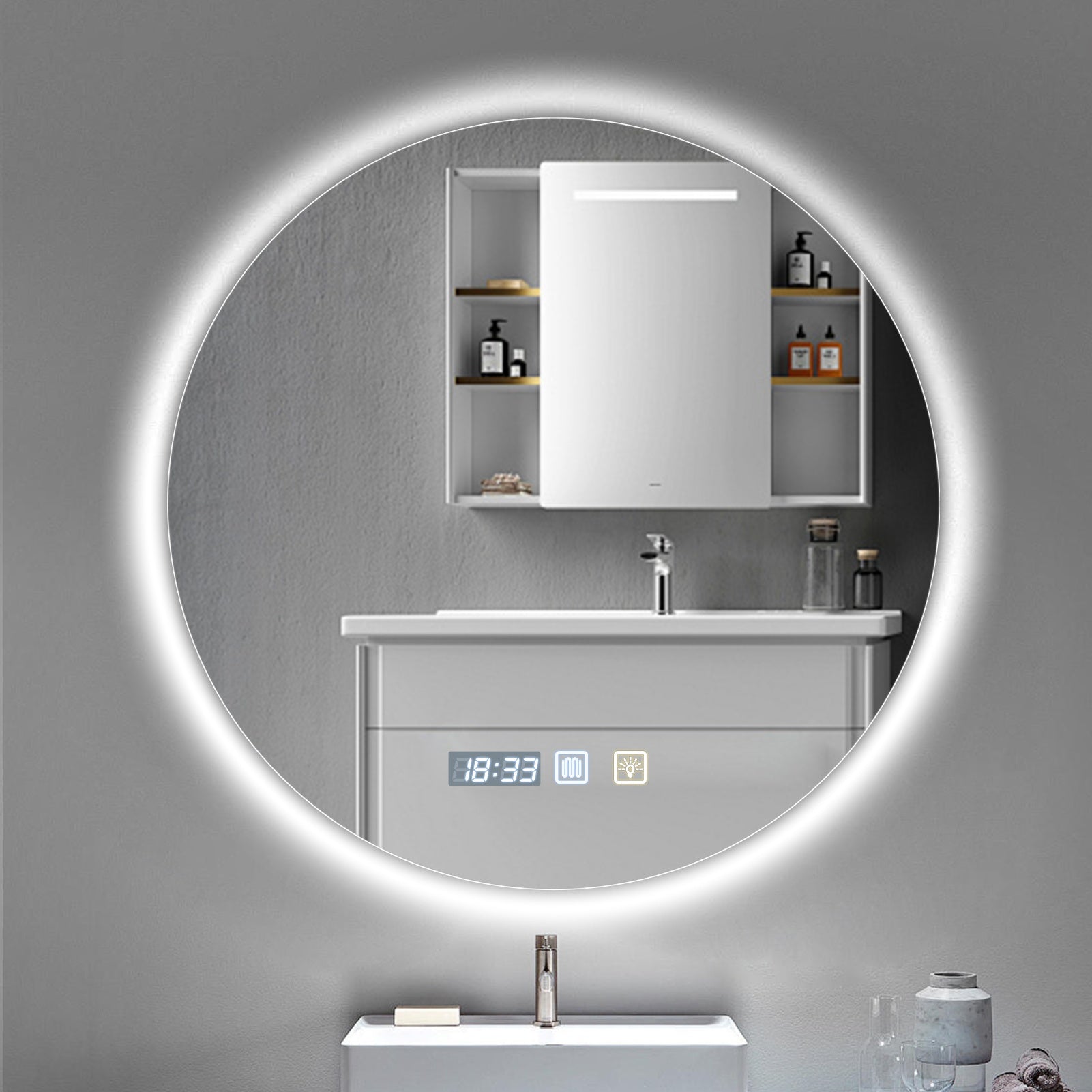 Hotel and Home Use Round Bathroom Mirror, High-definition Anti-fog, Dual-touch Switch, Three-color Temperature Switching, Built-in Time Display, LED Smart Bathroom Mirror.