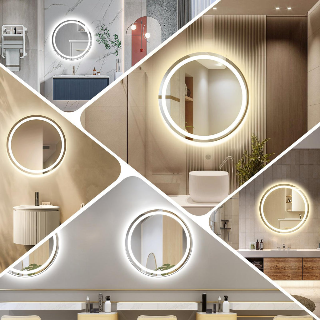 Luxury Round Smart Bathroom Mirror: Defogging, Anti-Fog, Dual Touch Control, Three Color Temperatures, Adjustable Brightness, Time Display