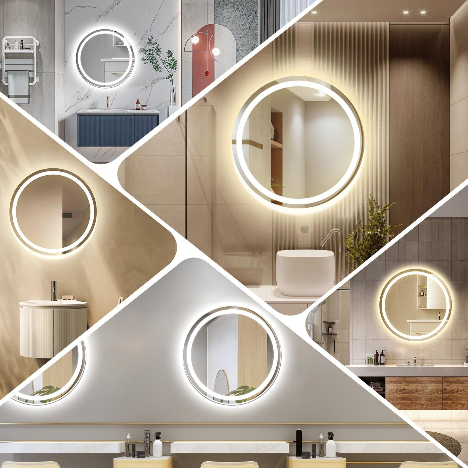 Luxury Round Smart Bathroom Mirror: Defogging, Anti-Fog, Dual Touch Control, Three Color Temperatures, Adjustable Brightness, Time Display