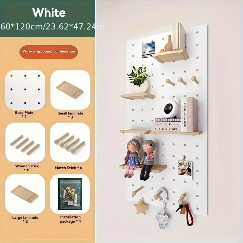 Solid Wood Pegboard Storage Rack - Wall-Mounted Adjustable Shelves with Pegs, Wood White\u002FPink\u002FBrown, Heavy-Duty Organizer System for Home,, Pantry - Compatible with Matchstick Accessories (No Screws\u002FEasy, Storage Racks