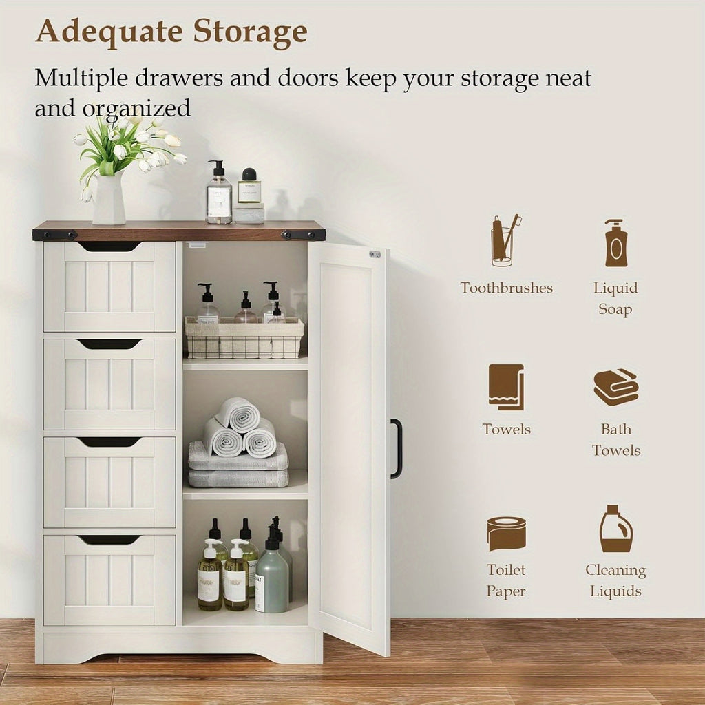 White Freestanding Storage Unit for The Bathroom, Featuring 4 Drawers And a Door, Designed in a Rustic Style with an Adjustable Shelf. Ideal for Use in The Bathroom, Entryway, Or Living Room, This Slim Cabinet Makes a Practical Housewarming Present