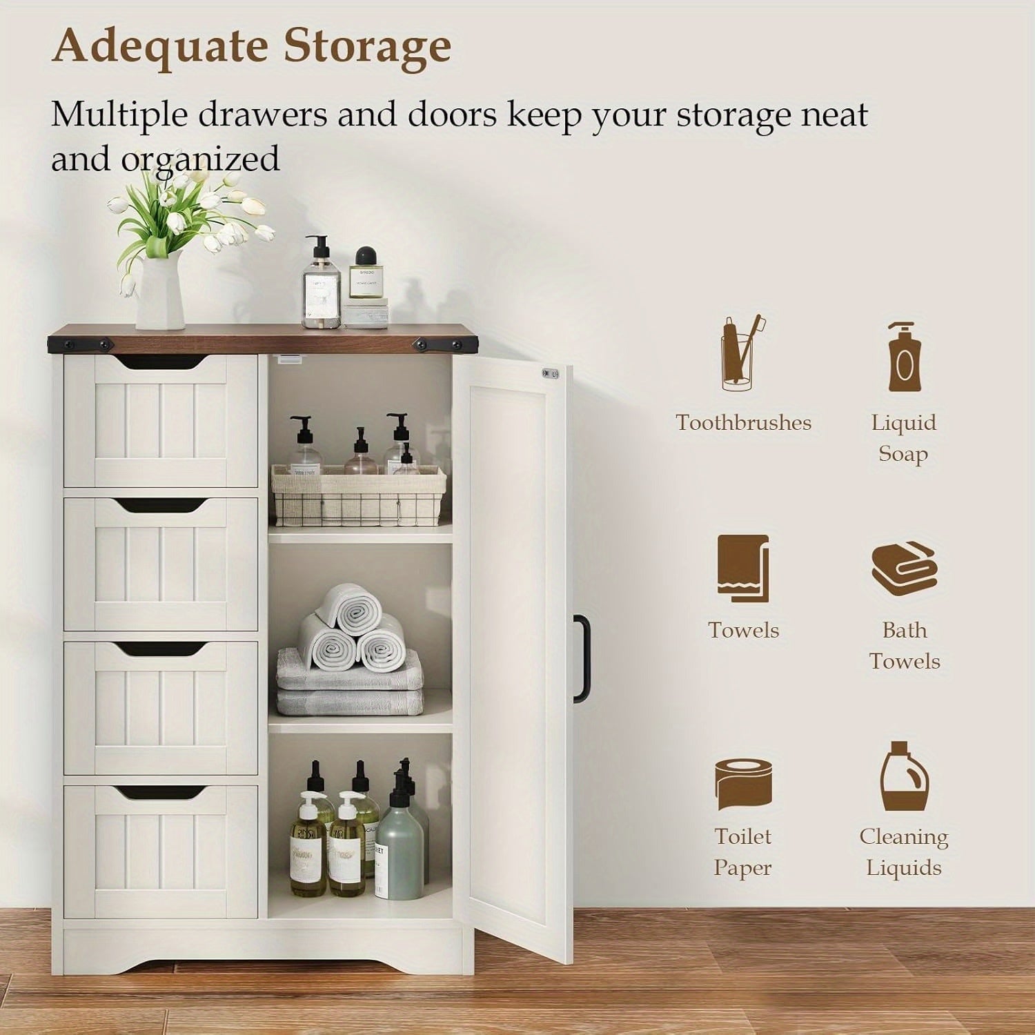 White Freestanding Storage Unit for The Bathroom, Featuring 4 Drawers And a Door, Designed in a Rustic Style with an Adjustable Shelf. Ideal for Use in The Bathroom, Entryway, Or Living Room, This Slim Cabinet Makes a Practical Housewarming Present