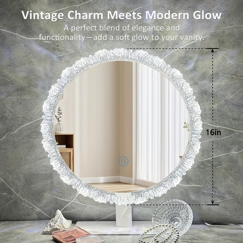 Desktop Mirror with Lighting, Round, Living Room Vanity Bathroom Makeup Mirror with 3-Color LED (3000K-4000K-6000K), Smart Touch Control, Dresser Wall Mirrors