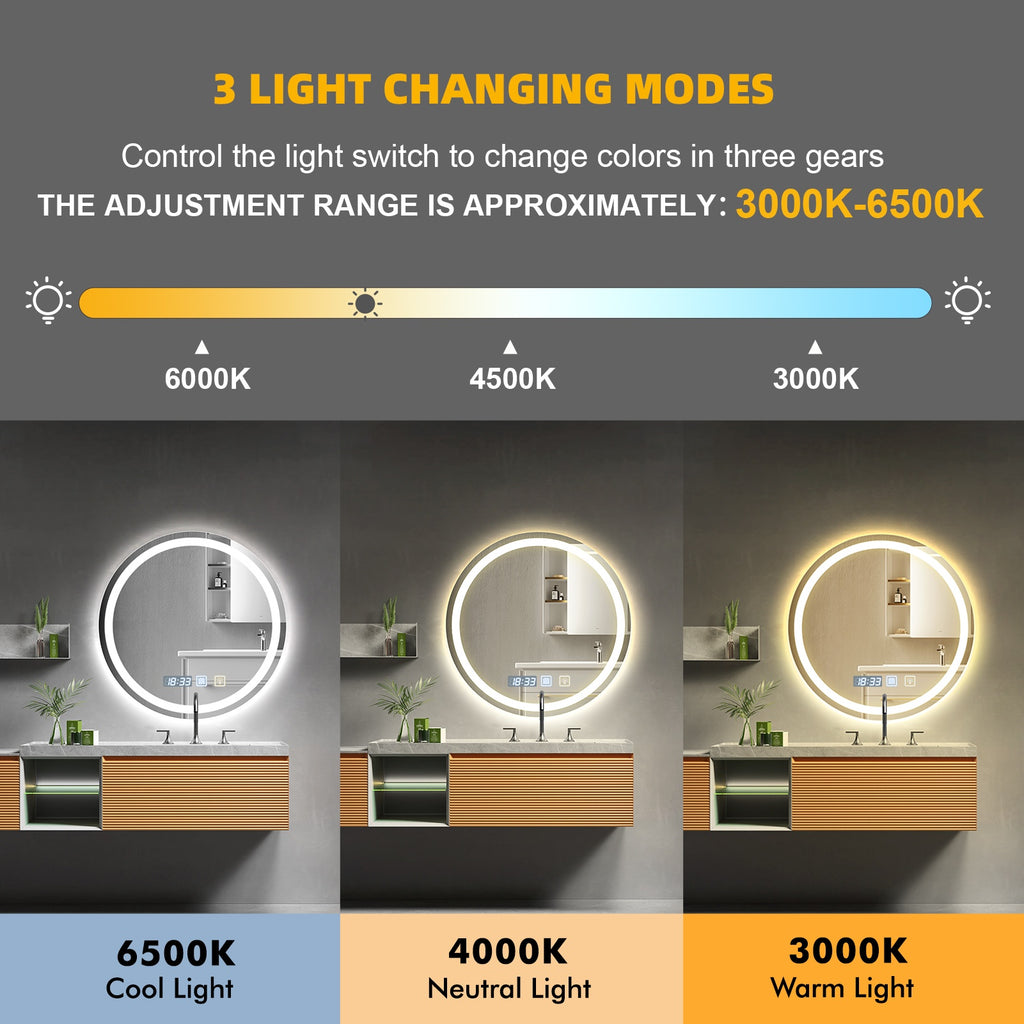 Luxury Round Smart Bathroom Mirror: Defogging, Anti-Fog, Dual Touch Control, Three Color Temperatures, Adjustable Brightness, Time Display