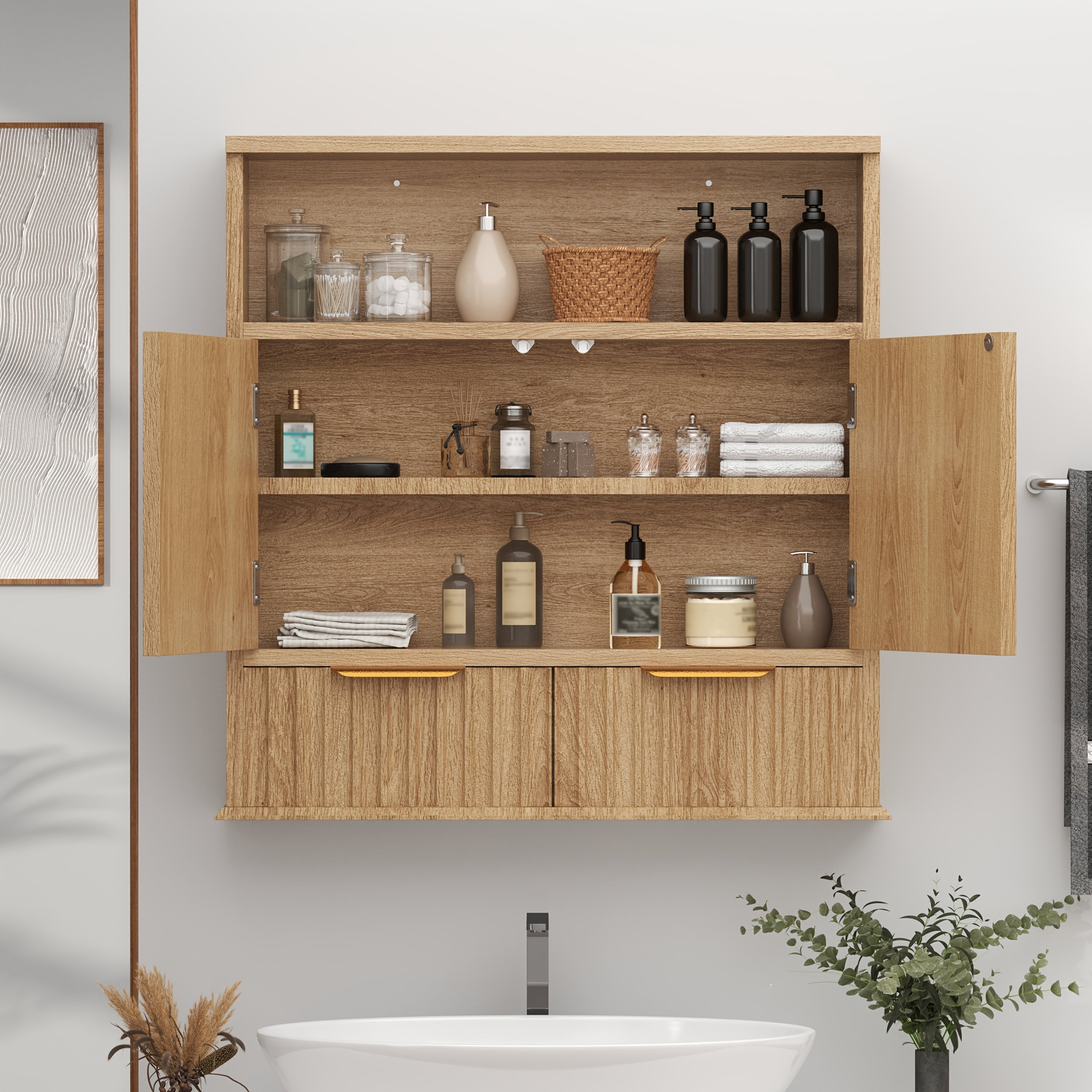 Modern Oak Wood Wall-Mounted Bathroom Cabinet with Drawers & Open Shelf - Over-The-Toilet Medicine Cabinet Organizer, Space-Saving Storage with Lyndon-Compatible Design for small Bathrooms (Compatible with Lyndon, Wood)