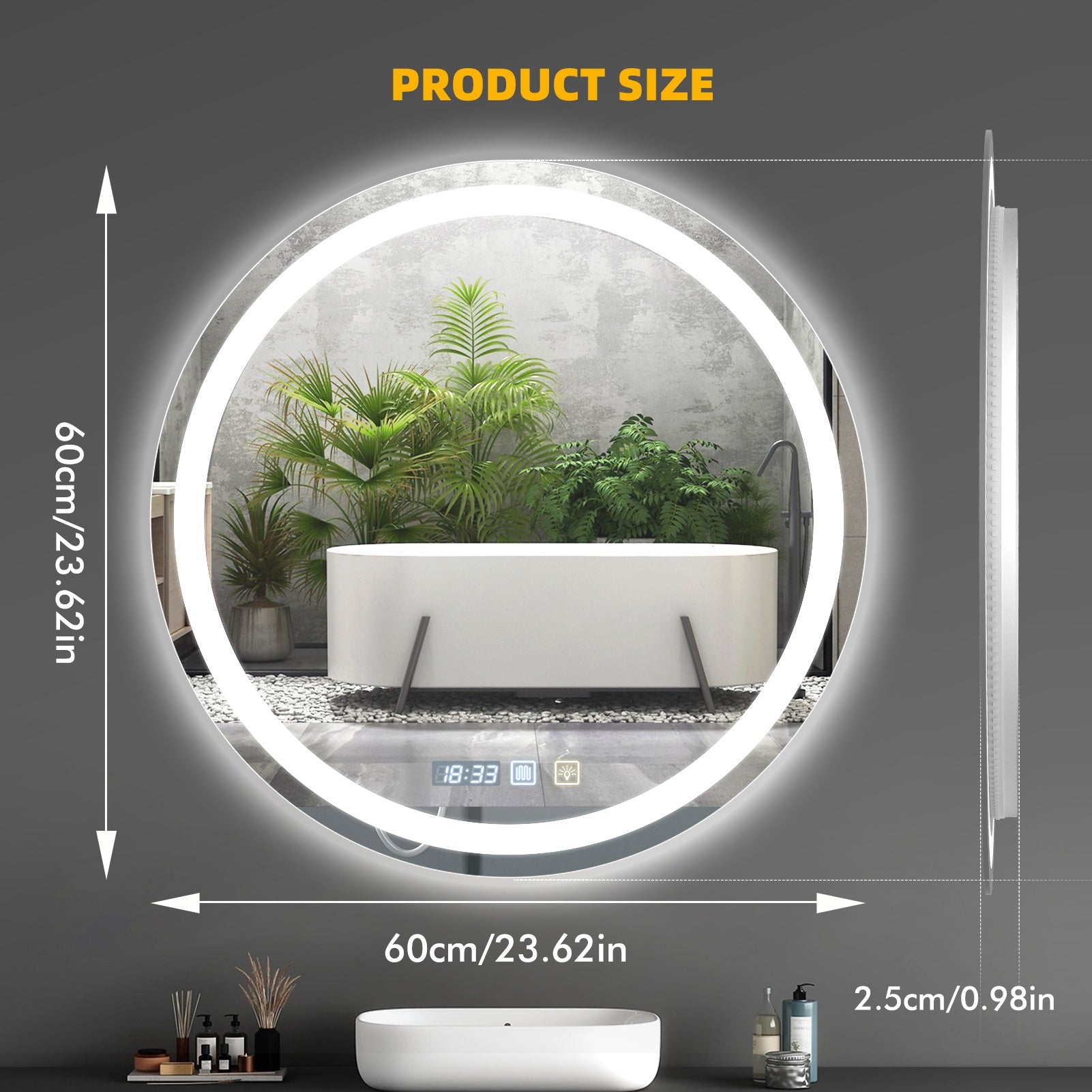 Hotel and Home Use Round Bathroom Mirror, High-definition Anti-fog, Dual-touch Switch, Three-color Temperature Switching, Built-in Time Display, LED Smart Bathroom Mirror.