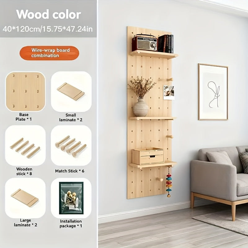 Solid Wood Pegboard Storage Rack - Wall-Mounted Adjustable Shelves with Pegs, Wood White\u002FPink\u002FBrown, Heavy-Duty Organizer System for Home,, Pantry - Compatible with Matchstick Accessories (No Screws\u002FEasy, Storage Racks