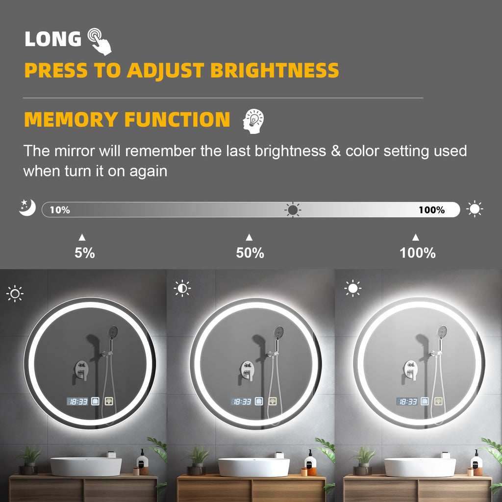 Luxury Round Smart Bathroom Mirror: Defogging, Anti-Fog, Dual Touch Control, Three Color Temperatures, Adjustable Brightness, Time Display
