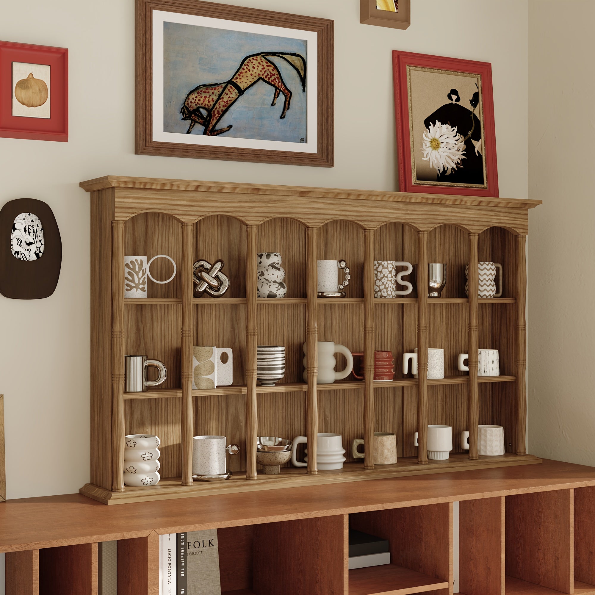 Wall-mounted Display Shelf With 3-tier Shelves, Space-Saving Kitchen Storage Shelf, Wall Cabinet For Kitchen, Dining Room & Living Room, Solid Pine And Hardwood Construction, Arched Trim, For Housewarming Gift, Easy To Assemble, Stylish Design
