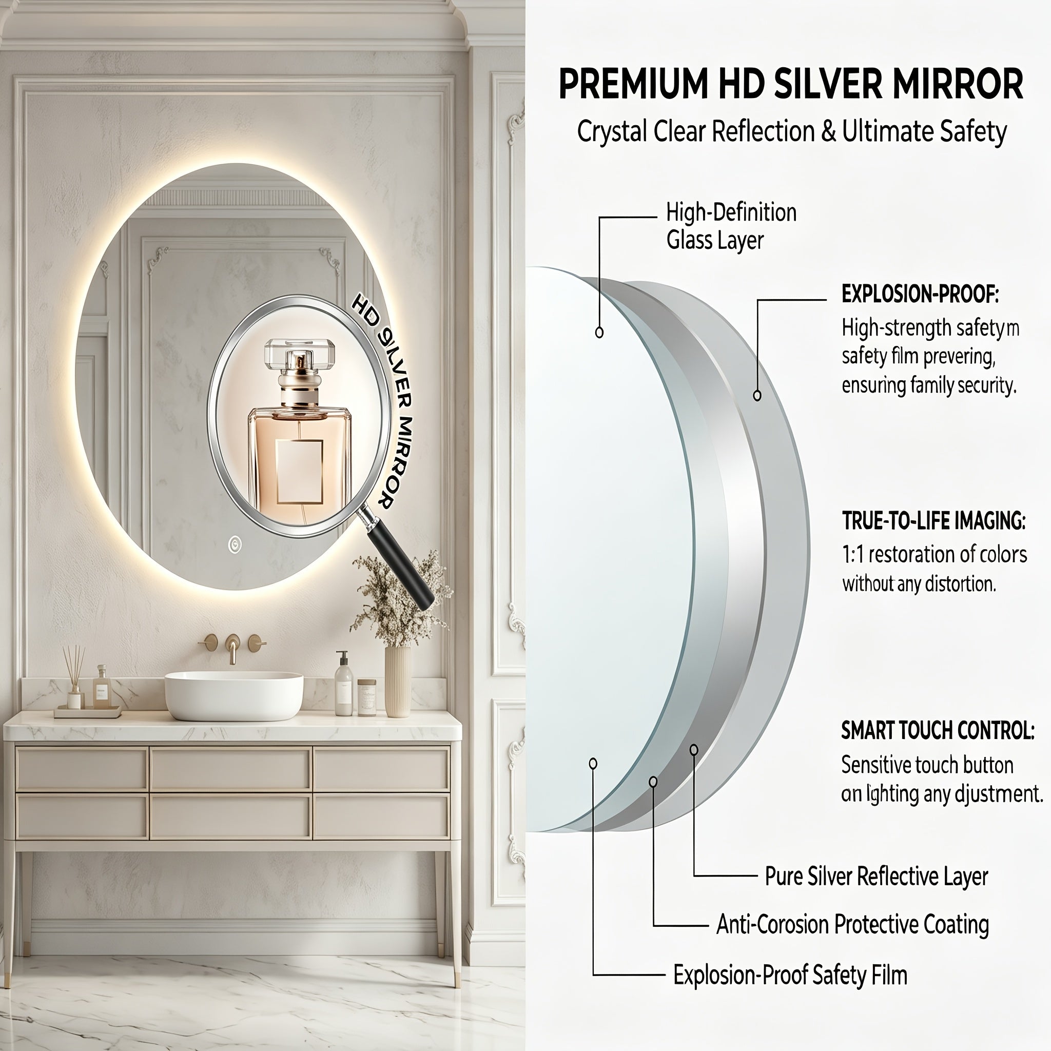 Round LED Backlit Bathroom Mirror with Smart Touch Control & Dimmable Anti-Fog Shatterproof - 3 Color Temperature Adjustable Suitable for Bathroom, Bedroom, Wall-Mounted Vanity Mirror with -Type Plug ( Voltage)