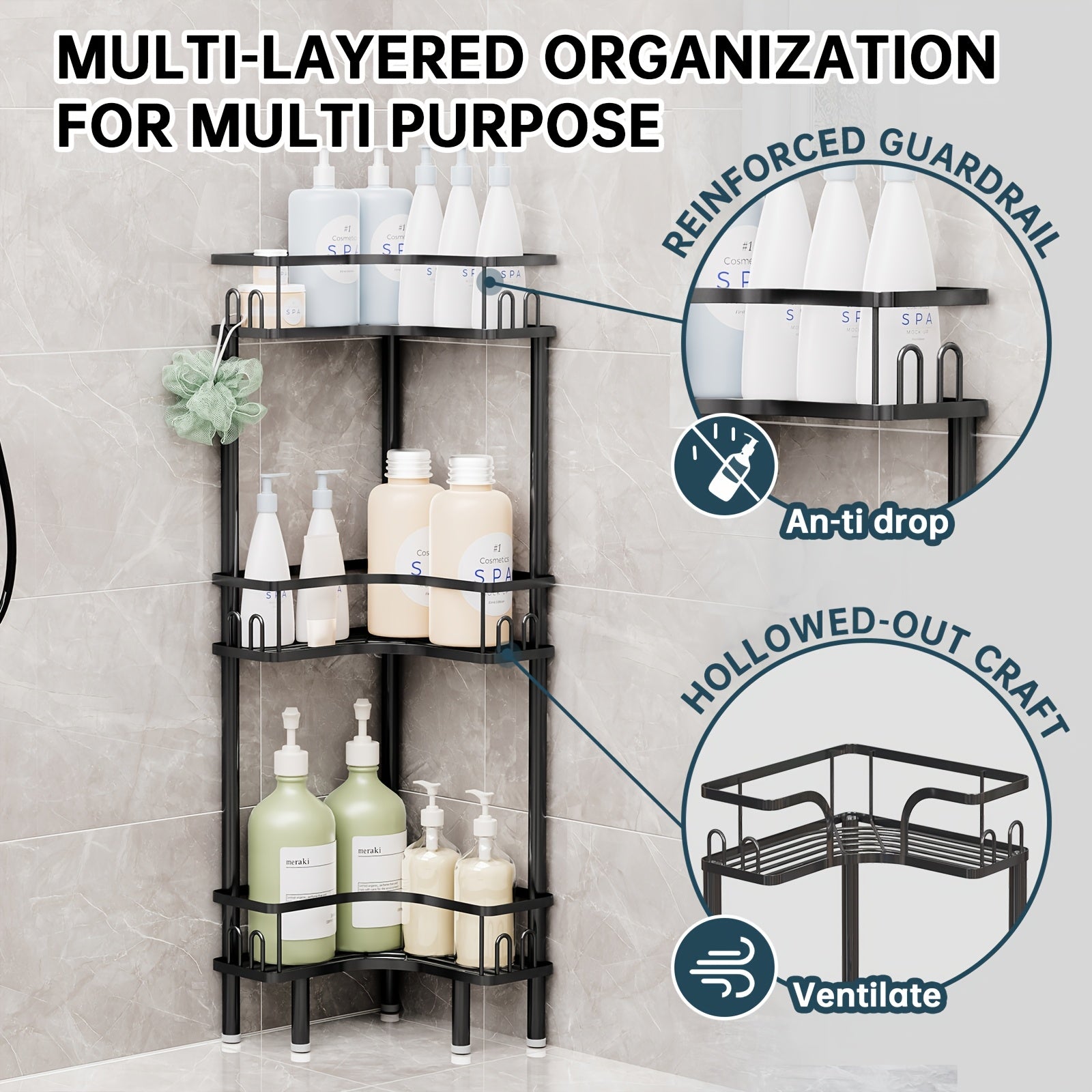 3-Tier Metal Bathroom Corner Shelf, Space-Saving Shower Caddy Organizer for Shampoo Bottles, Body Wash, Conditioner, Soap And Toiletries, Freestanding Storage Rack for Shower, Bathtub, Vanity And Laundry Room, Black