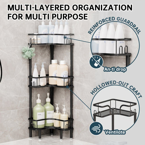 3-Tier Metal Bathroom Corner Shelf, Space-Saving Shower Caddy Organizer for Shampoo Bottles, Body Wash, Conditioner, Soap And Toiletries, Freestanding Storage Rack for Shower, Bathtub, Vanity And Laundry Room, Black