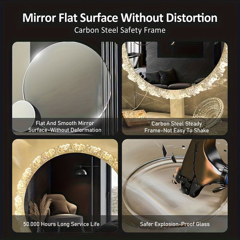 Desktop Mirror with Lighting, Round, Living Room Vanity Bathroom Makeup Mirror with 3-Color LED (3000K-4000K-6000K), Smart Touch Control, Dresser Wall Mirrors