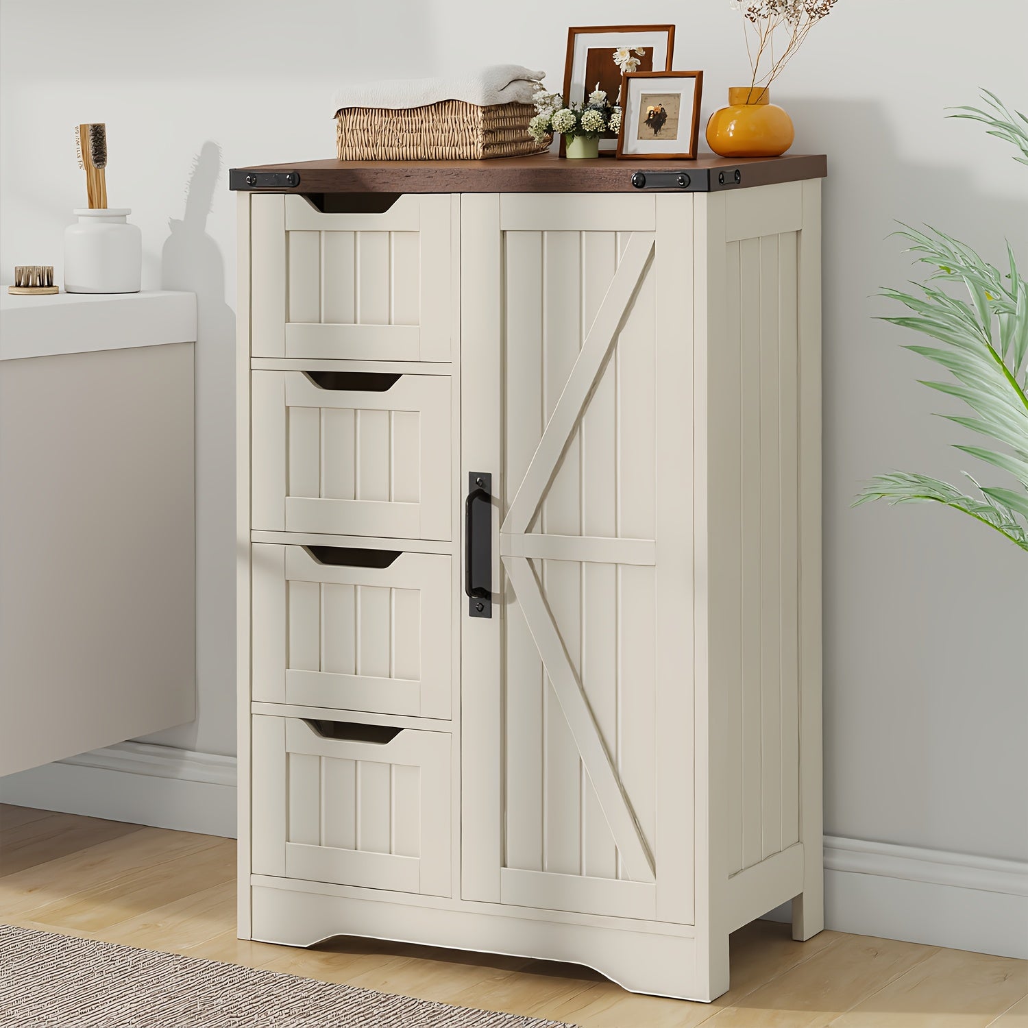 White Freestanding Storage Unit for The Bathroom, Featuring 4 Drawers And a Door, Designed in a Rustic Style with an Adjustable Shelf. Ideal for Use in The Bathroom, Entryway, Or Living Room, This Slim Cabinet Makes a Practical Housewarming Present